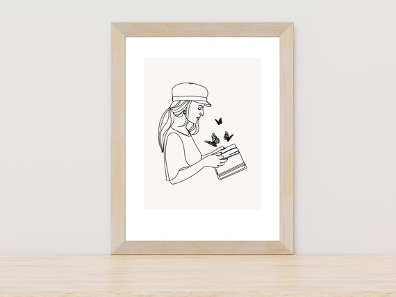 Girl Reading Book With Butterflies Minimalist Line Art Poster