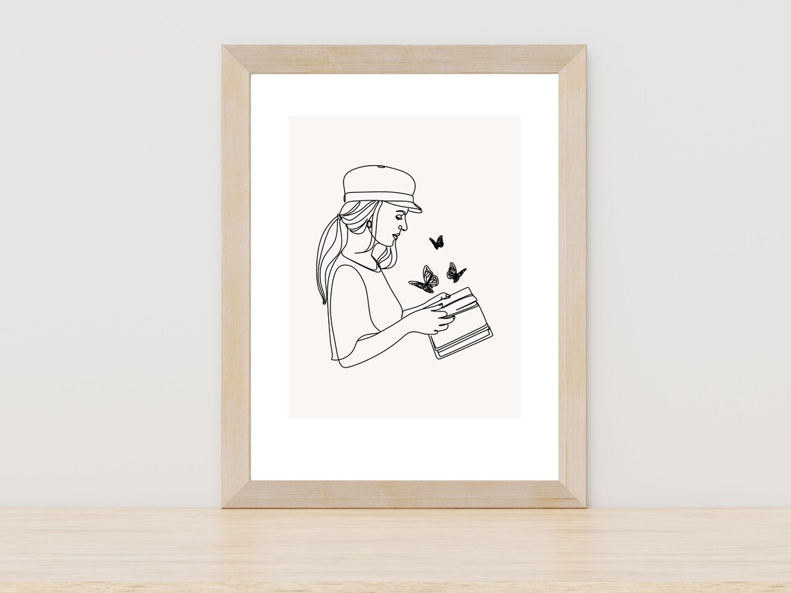 Girl Reading Book With Butterflies Minimalist Line Art Poster