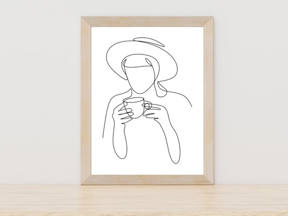 Woman Drinking Coffee Line Art Female Holding Coffee Line Art Kitchen Line Drawing Woman Wall Art Minimalist Woman Wall Art Coffee