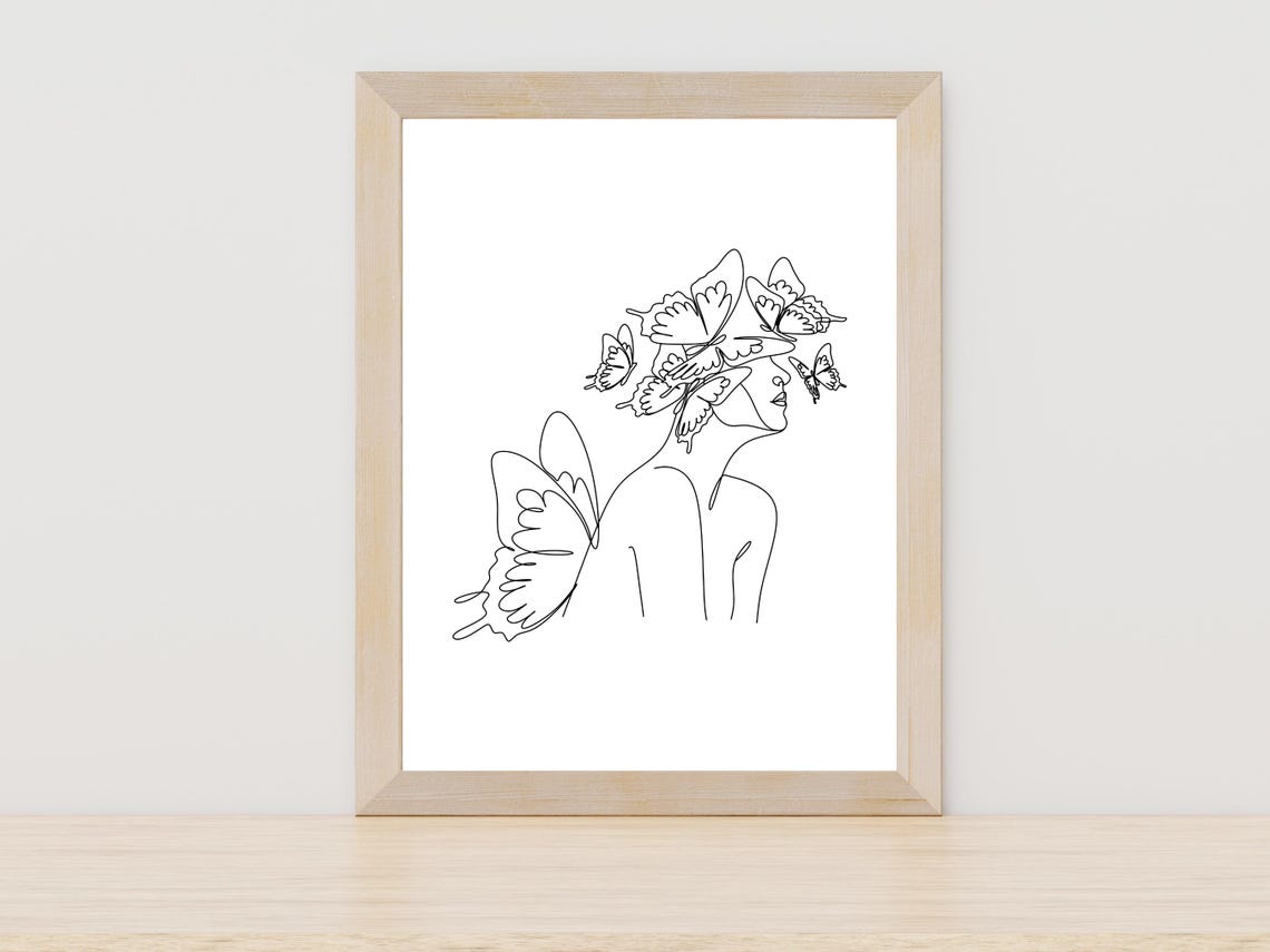 Woman With Butterflies Line Art Dreamy Transformation Decor Poster