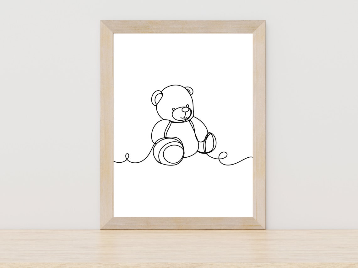 Cute Teddy Bear Single Line Drawing Baby Nursery Wall Decor Print