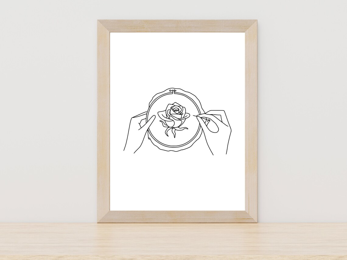 Hand Embroidery Hoop Rose Line Art Craft Room Wall Decor Poster