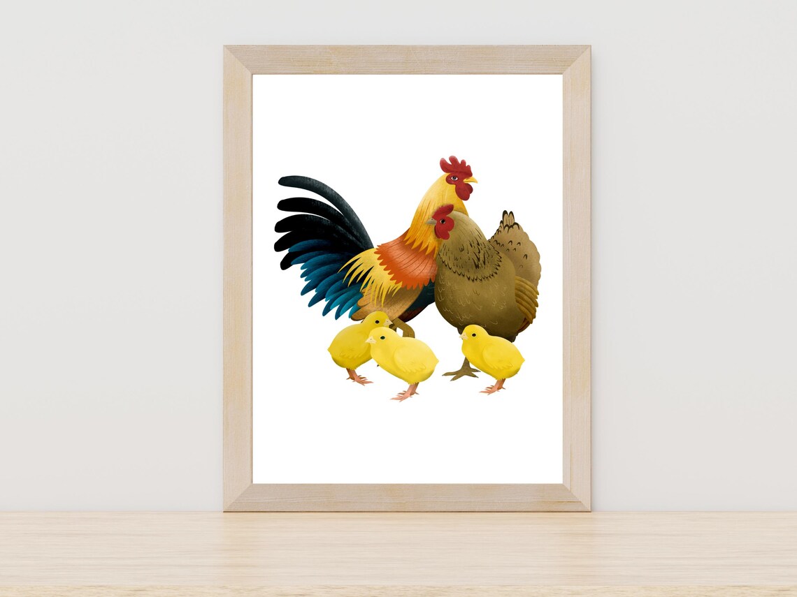 Rooster Hen And Chicks Watercolor Painting Farm Birds Wall Poster