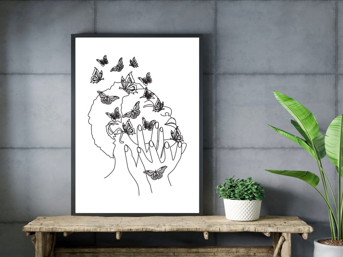 Beautiful Woman With Butterflies Minimalist Line Drawing Print - Image 3
