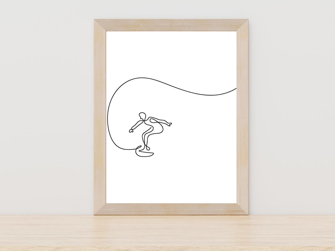 Surfer Riding Ocean Wave Continuous Line Art Surf Decor Poster