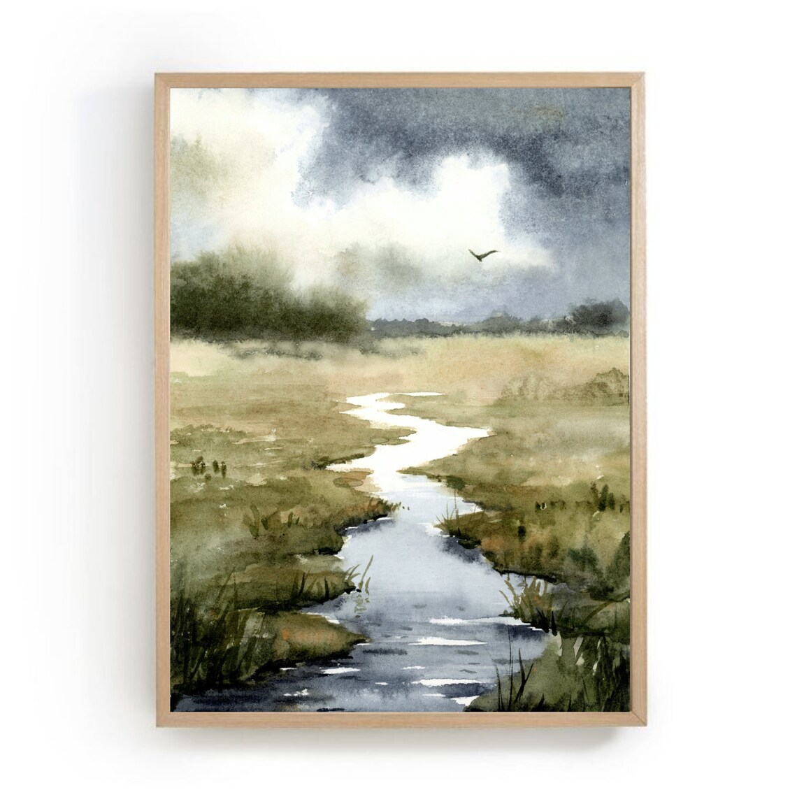 Rainy Cloud River Landscape Watercolor Art Print