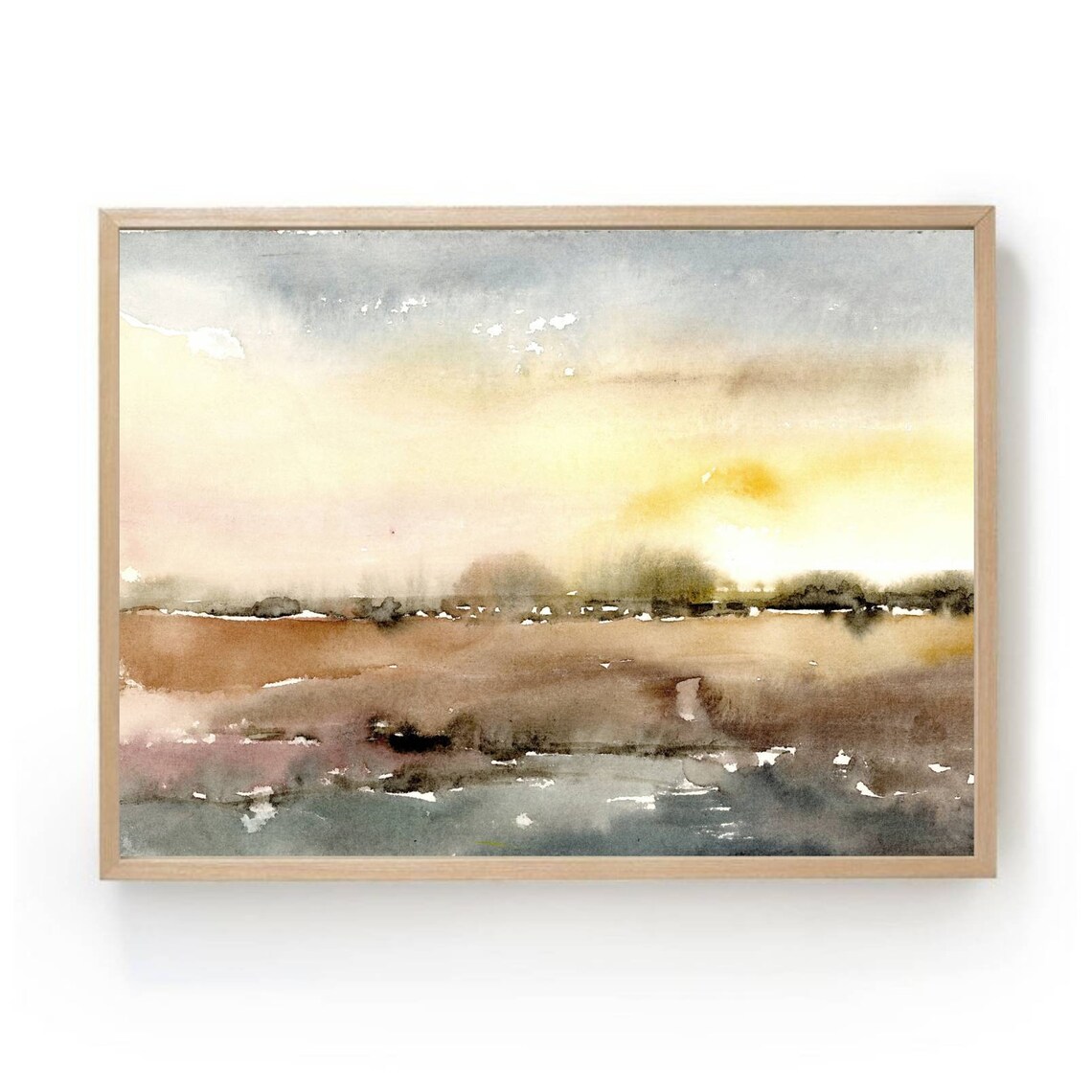Watercolor Landscape Art Print, Neutral Sunset Hills