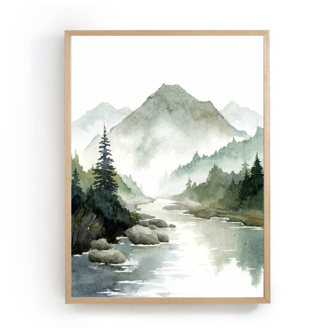 Mountain River Pine Tree Watercolor Wall Art Print