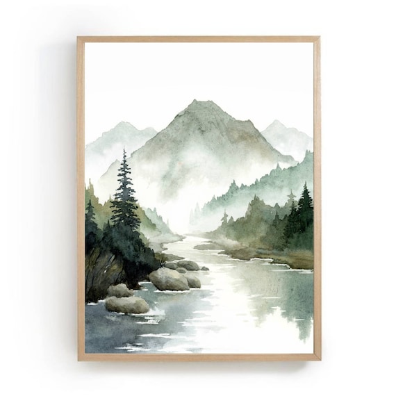 Mountain River Pine Tree Watercolor Wall Art Print