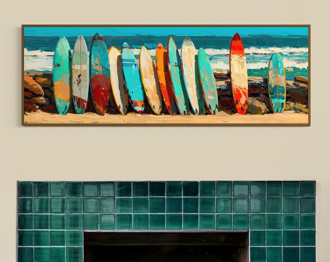 Panoramic Surfboard Wall Art Coastal Beach House Decor Narrow Seascape Painting Print Rustic Above Bed Decor Horizontal Surfboard Decor