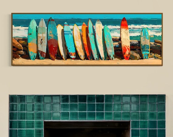 Panoramic Surfboard Wall Art Coastal Beach House Decor Narrow Seascape Painting Print Rustic Above Bed Decor Horizontal Surfboard Decor