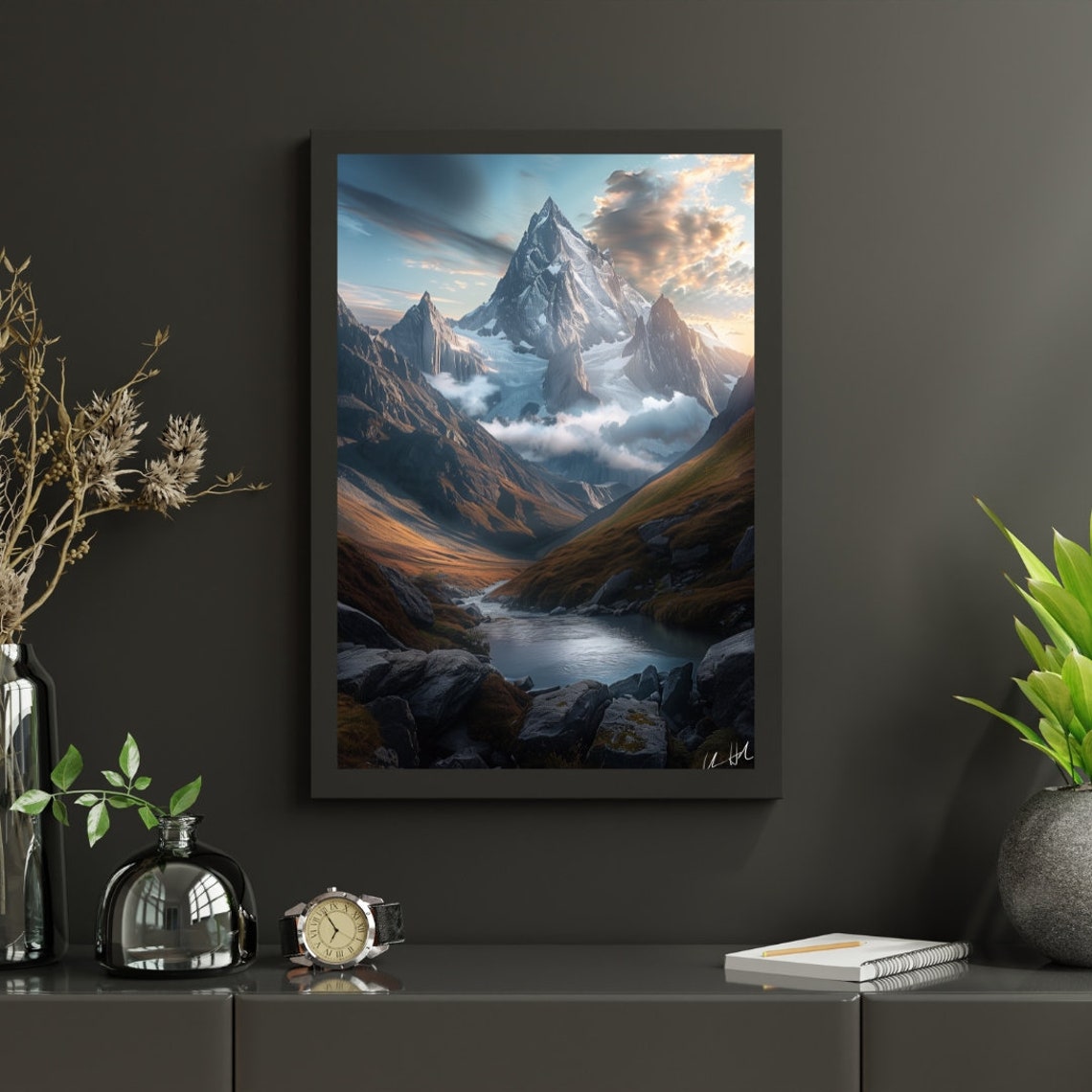Majestic Snow Capped Mountain Peak Alpine Lake Sunset Landscape Poster