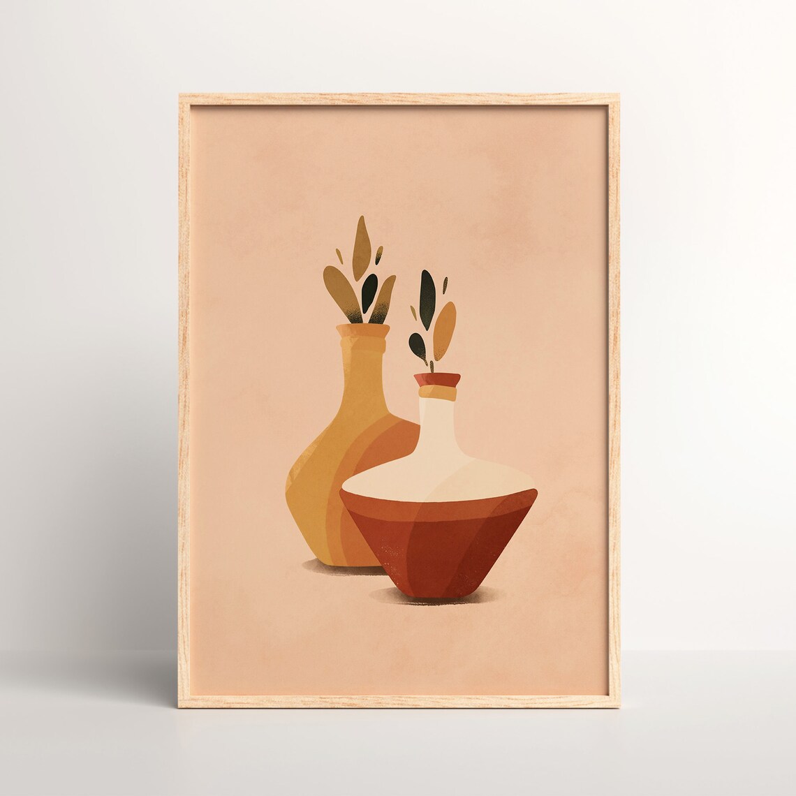 Ochre and Terracotta Vase Pair with Leaves Warm Still Life Poster