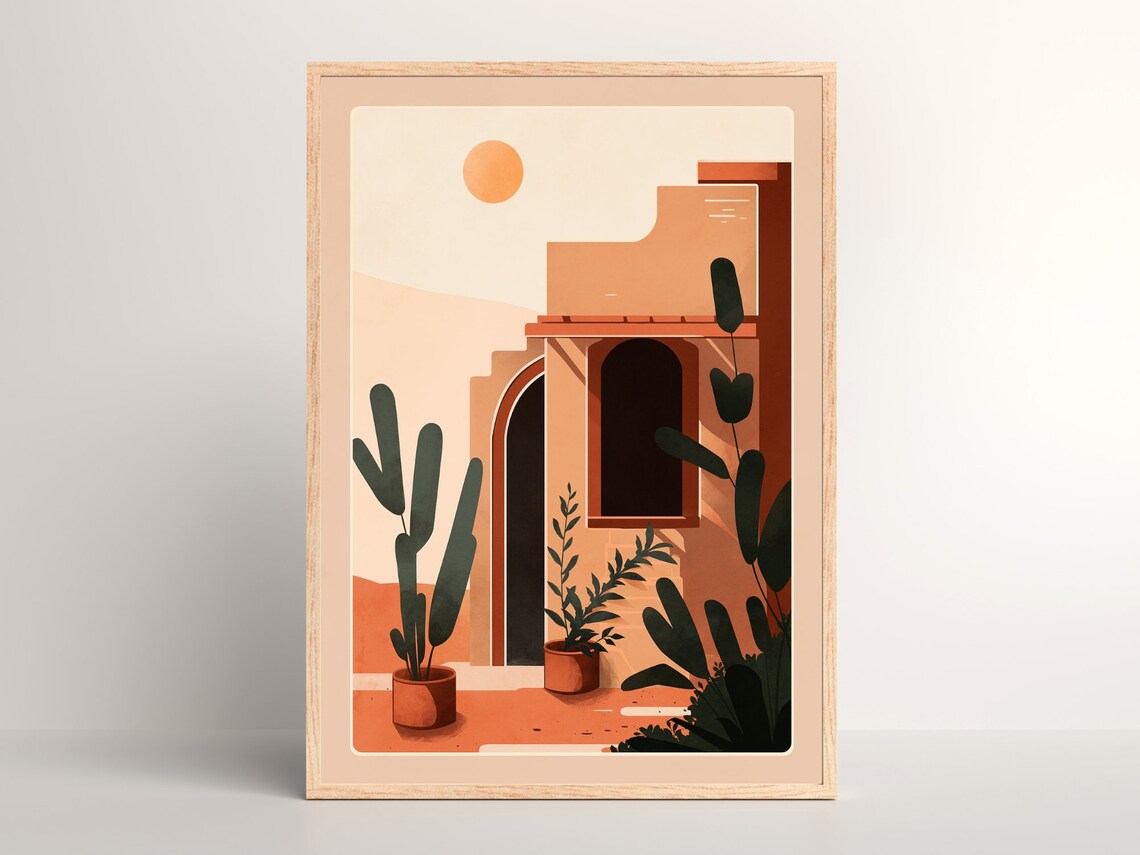 Southwest Desert Adobe House with Cacti Terracotta Sunset Poster