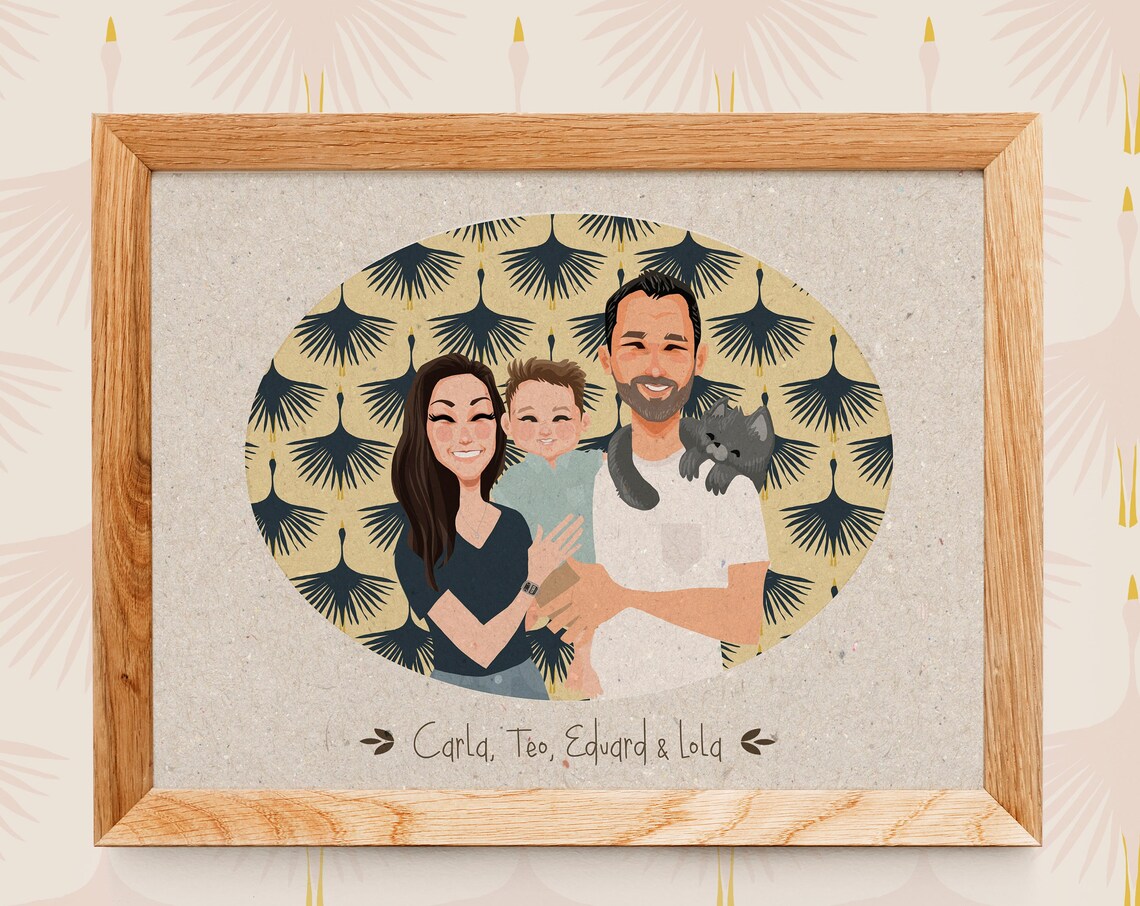 Retro Family Of 3 Custom Portrait Personalized Family Portrait Anniversary Gift Mothers Day Gift Family Drawing Custom Portrait