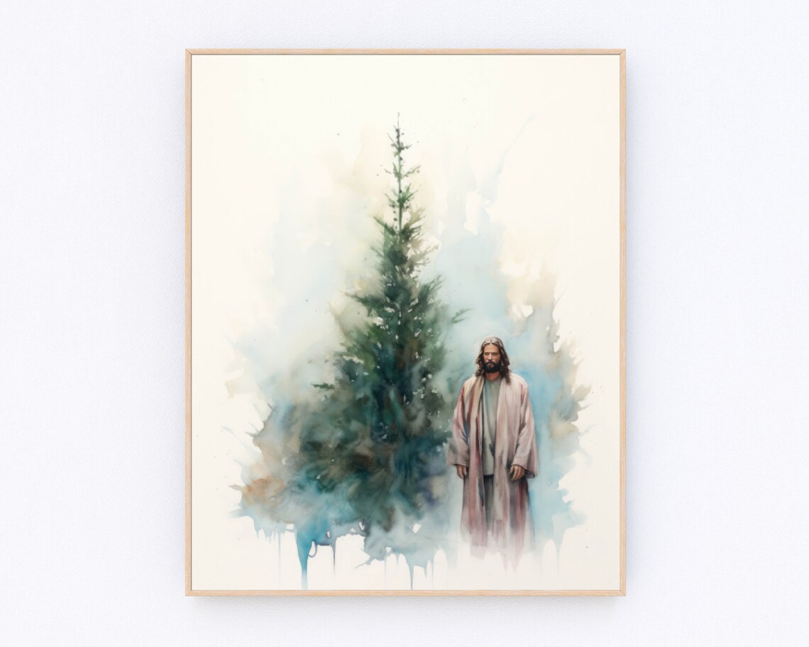 Jesus With Christmas Tree Minimalist Watercolor Holiday Christian Print
