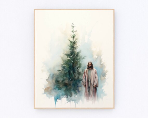 Jesus With Christmas Tree Minimalist Watercolor Holiday Christian Print