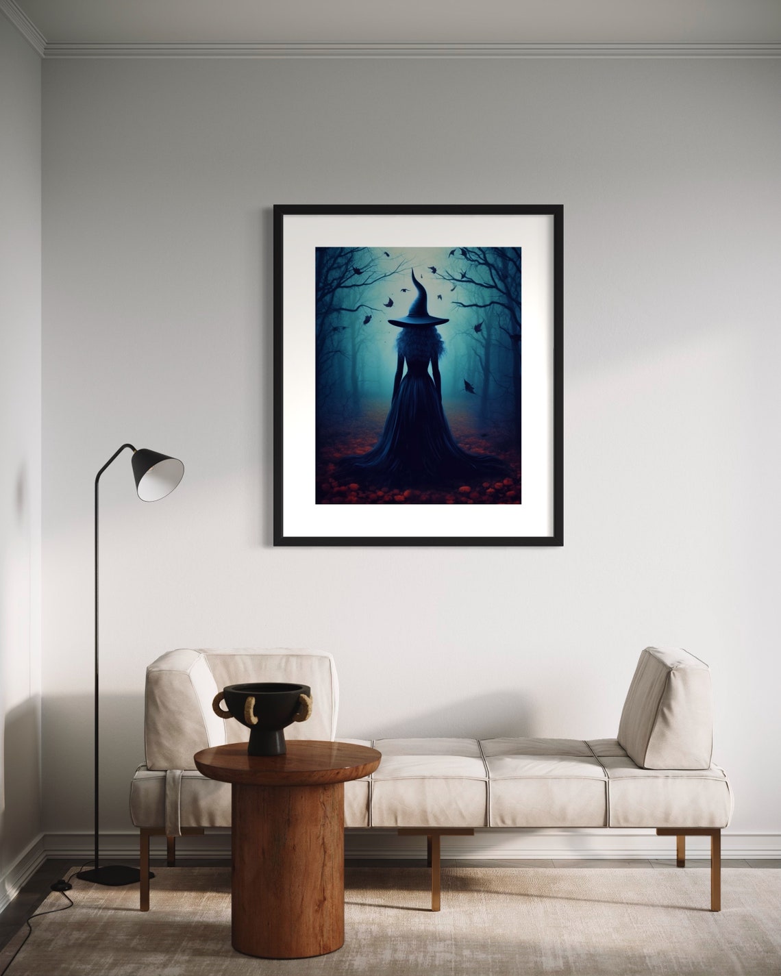 Mystical Witch in Dark Forest Crows Teal Mist Halloween Wall Poster