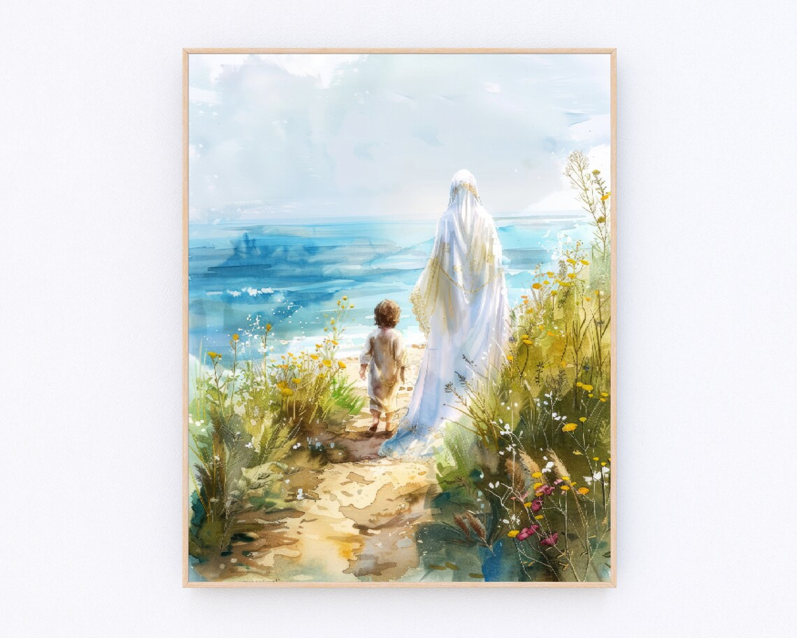 Mother Mary And Jesus Walking In Beach Poster Blessed Virgin Mary Painting Jesus Portrait Christian Prayer Wall Art Catholic Gifts P454