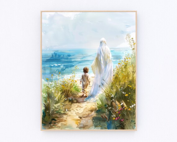 Virgin Mary and Child Jesus Walking to the Sea Watercolor Poster
