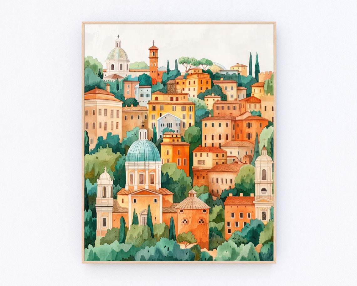 Rome Hillside Domes Bell Towers Terracotta Roofs Watercolor Poster
