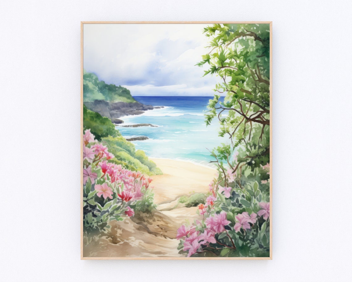 Hawaiian Tunnels Beach Watercolor Coastal Tropical Landscape Poster