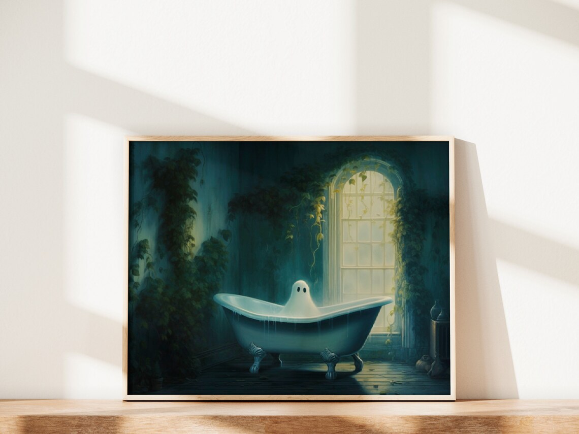 Ghost Resting in Vintage Bathtub Ivy Window Gothic Halloween Wall Poster - Image 2