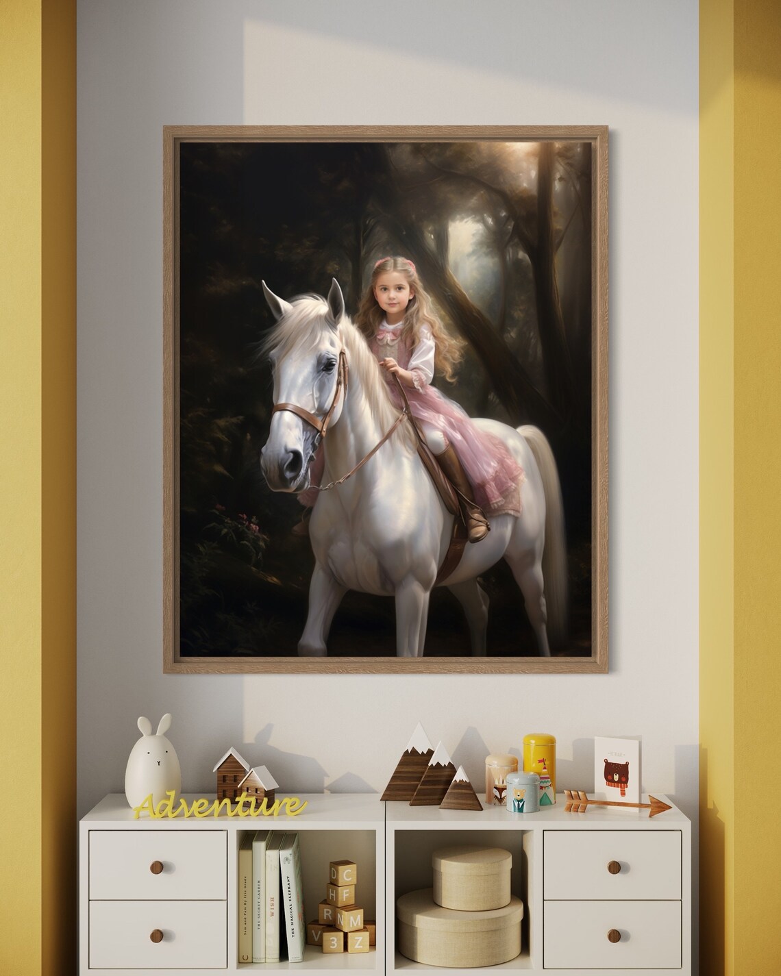 Custom Princess Portrait Girl Riding White Horse Misty Forest Print - Image 2