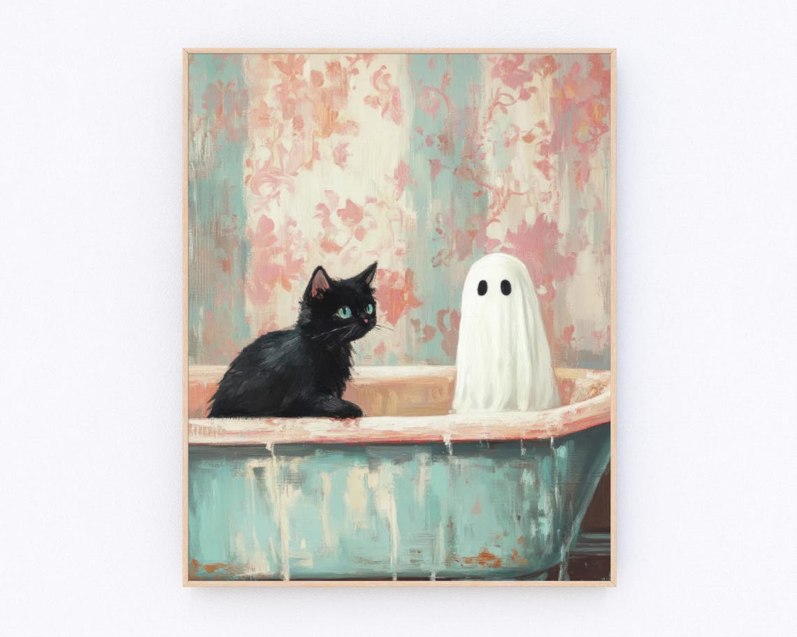 Cute Ghost and Black Cat in Bathtub Halloween Watercolor Poster
