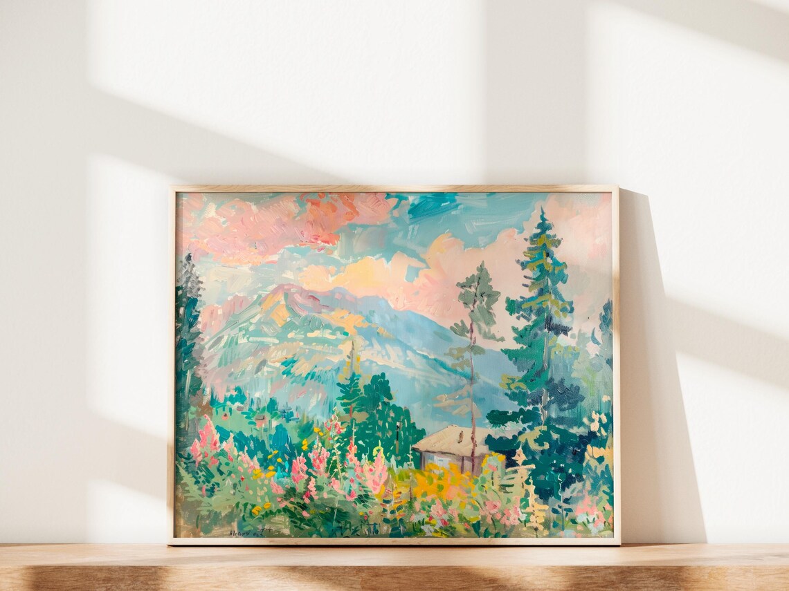 Mountain Cabin Pine Forest Wildflower Meadow Vintage Art Poster - Image 2