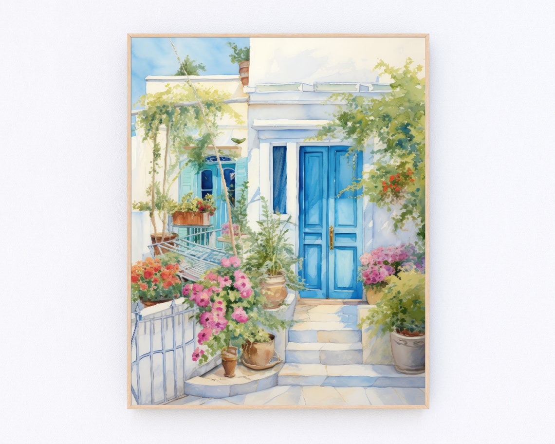 Retro European Painting Coastal Town Print Greece Painting Santorini Street Painting Santorini Greece Wall Art Santorini Travel Gift P662