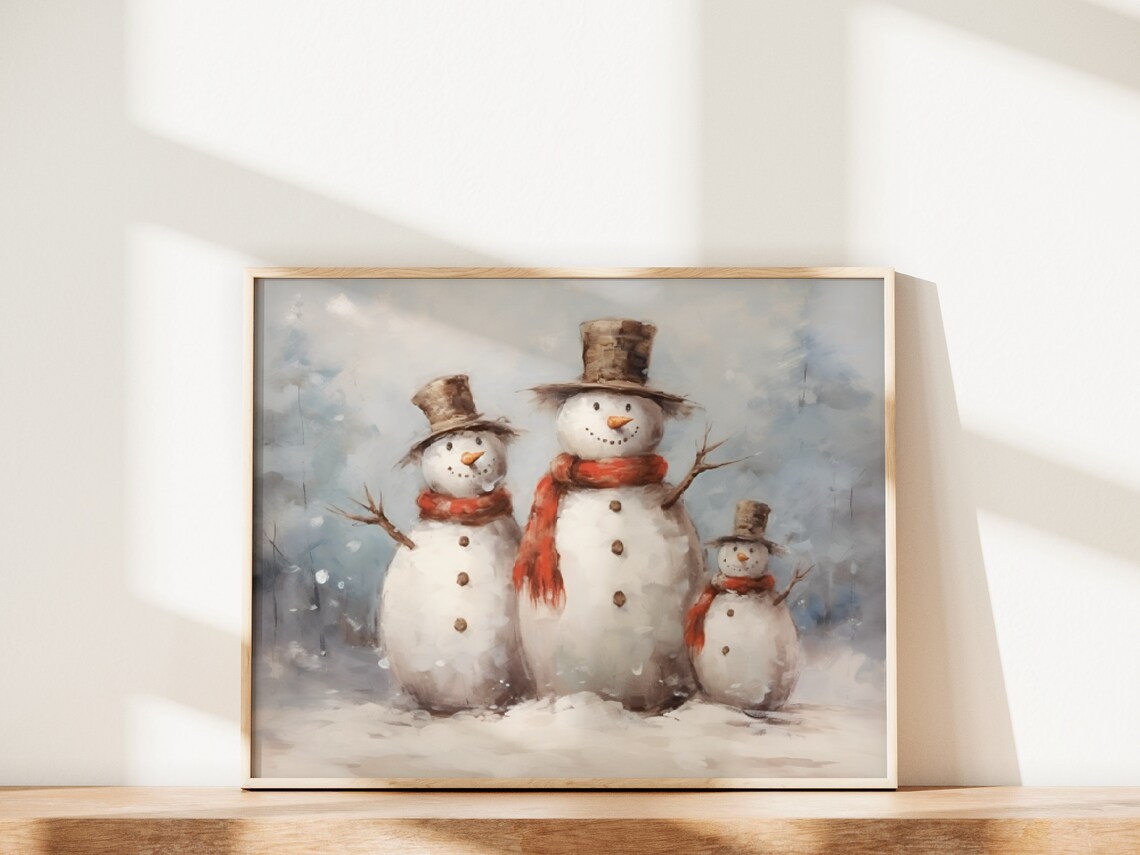 Snowman Family with Top Hats Red Scarves Winter Wonderland Art Poster