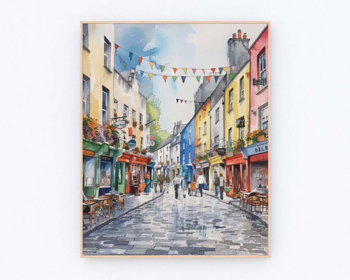 Galway Quay Street Colorful Shops Cobblestone Watercolor Poster