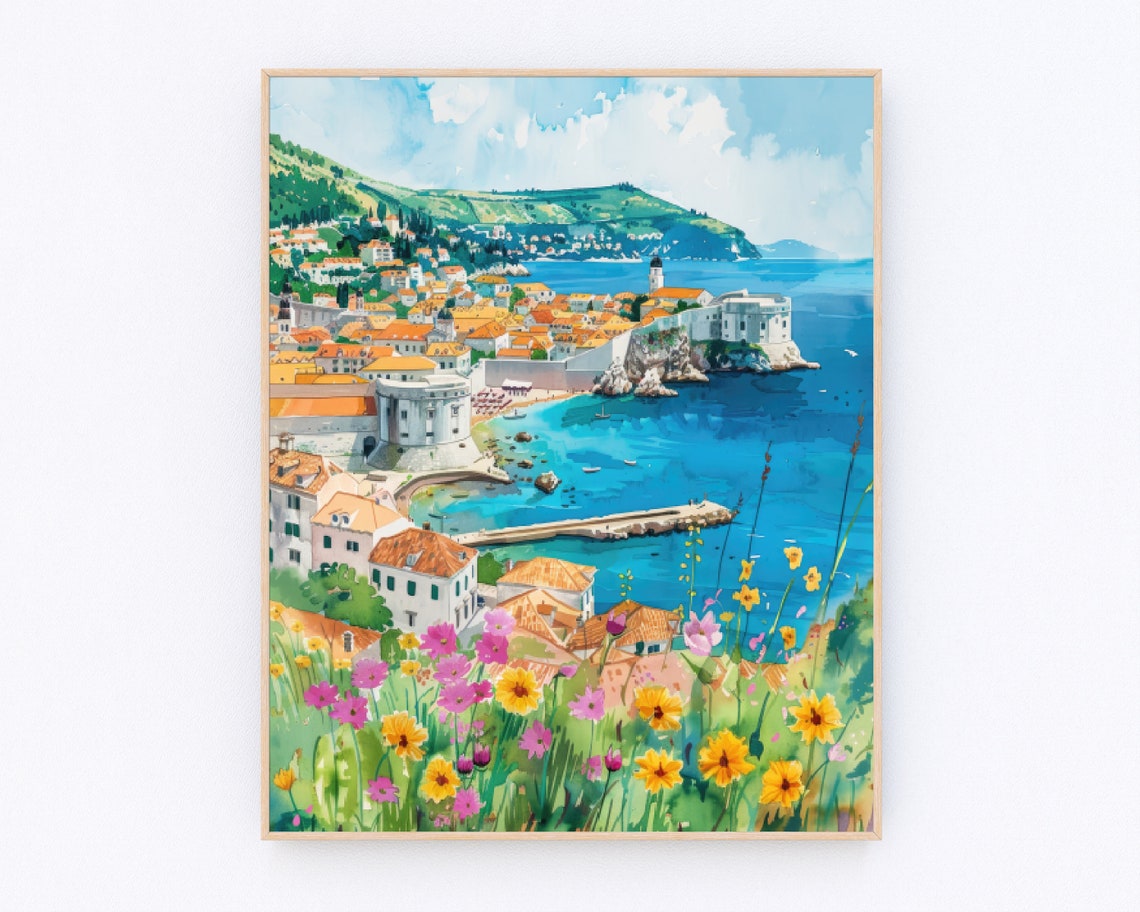 Dubrovnik Old Town Walls Adriatic Sea Wildflowers Watercolor Poster