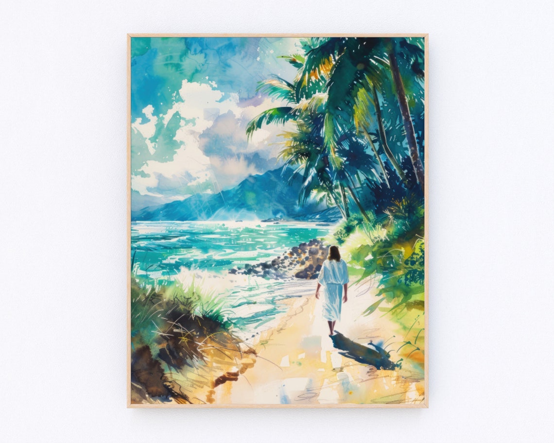 Jesus Walking Tropical Beach Palm Trees Mountains Watercolor Poster