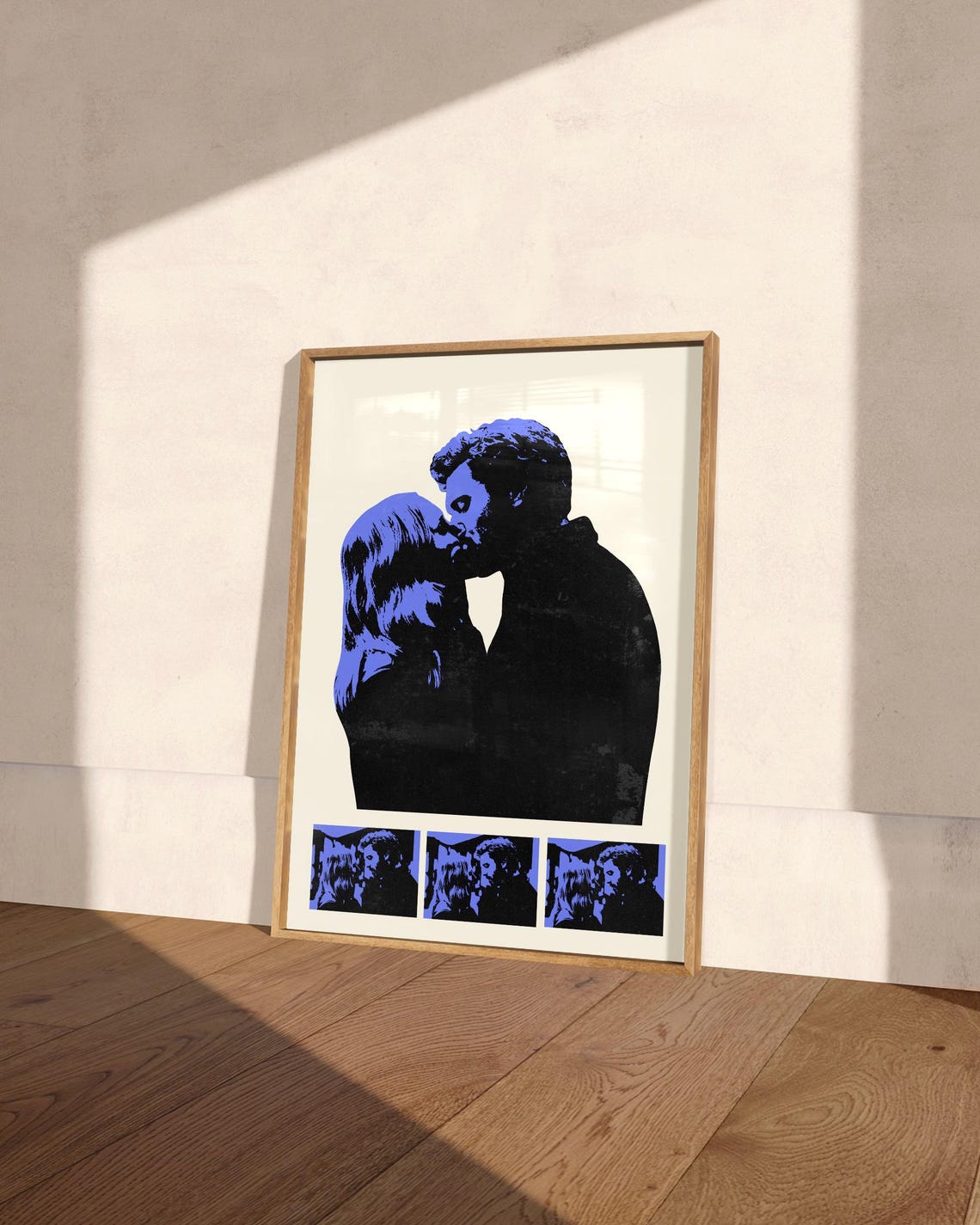 Blue Black Kiss Silhouette Couple Retro Movie Style Art Poster - Image 2