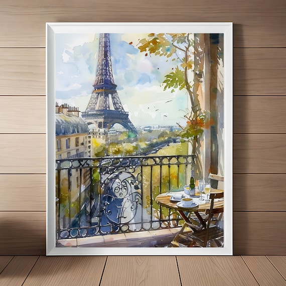 Eiffel Tower Paris Balcony Cafe Scene Watercolor French Wall Art