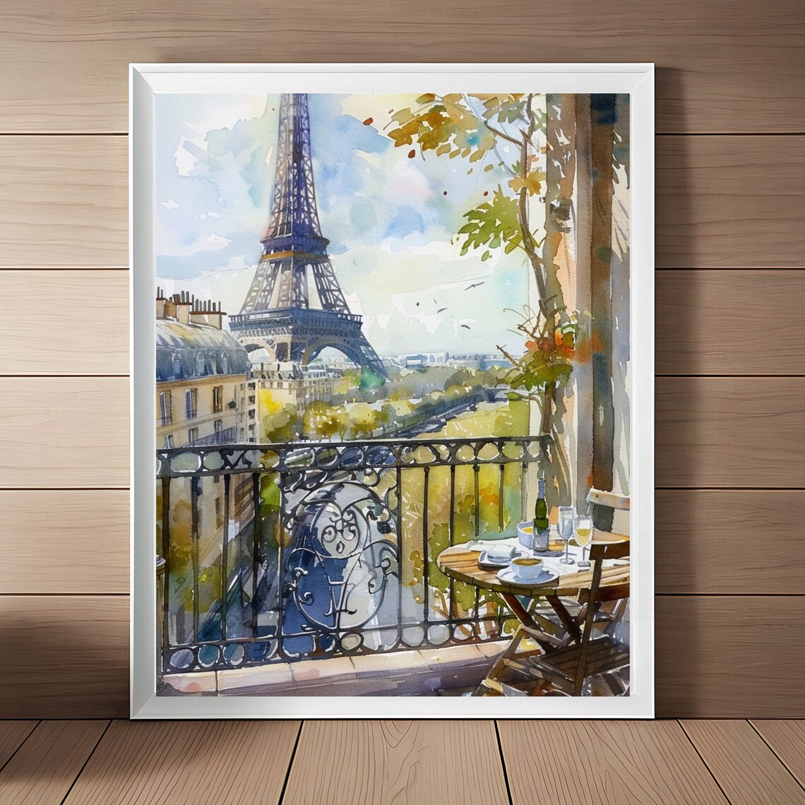 Eiffel Tower Paris Balcony Cafe Scene Watercolor French Wall Art
