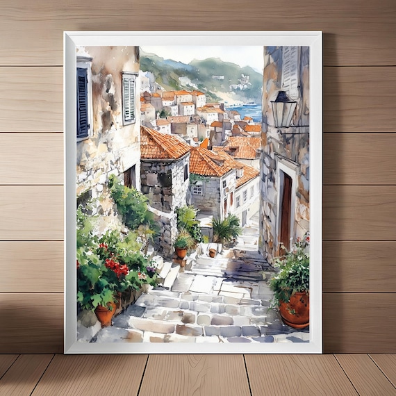 Dubrovnik Old Town Stone Stairs Coastal Watercolor Travel Poster