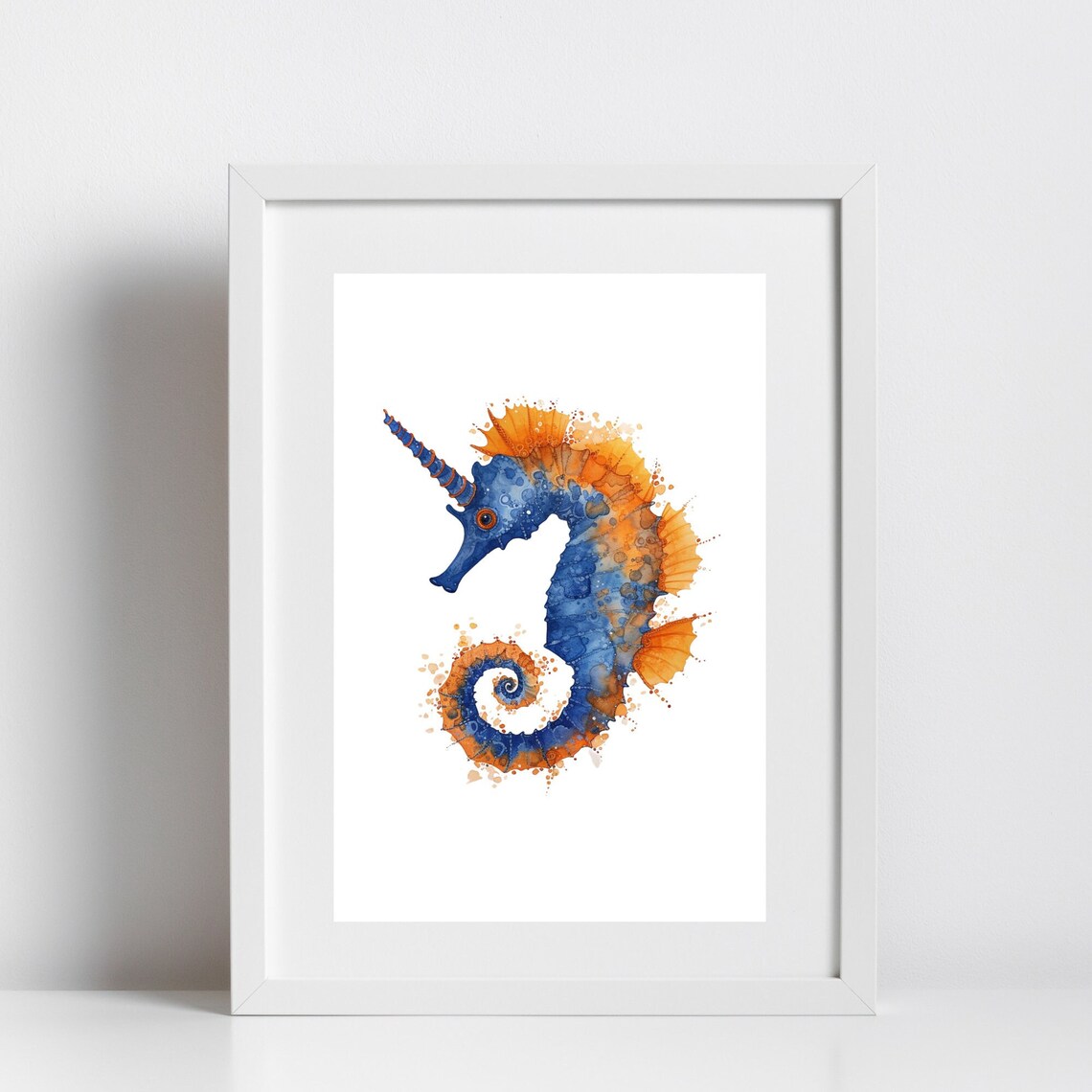 Seahorse Watercolor Blue Orange Coastal Nursery Ocean Art Poster