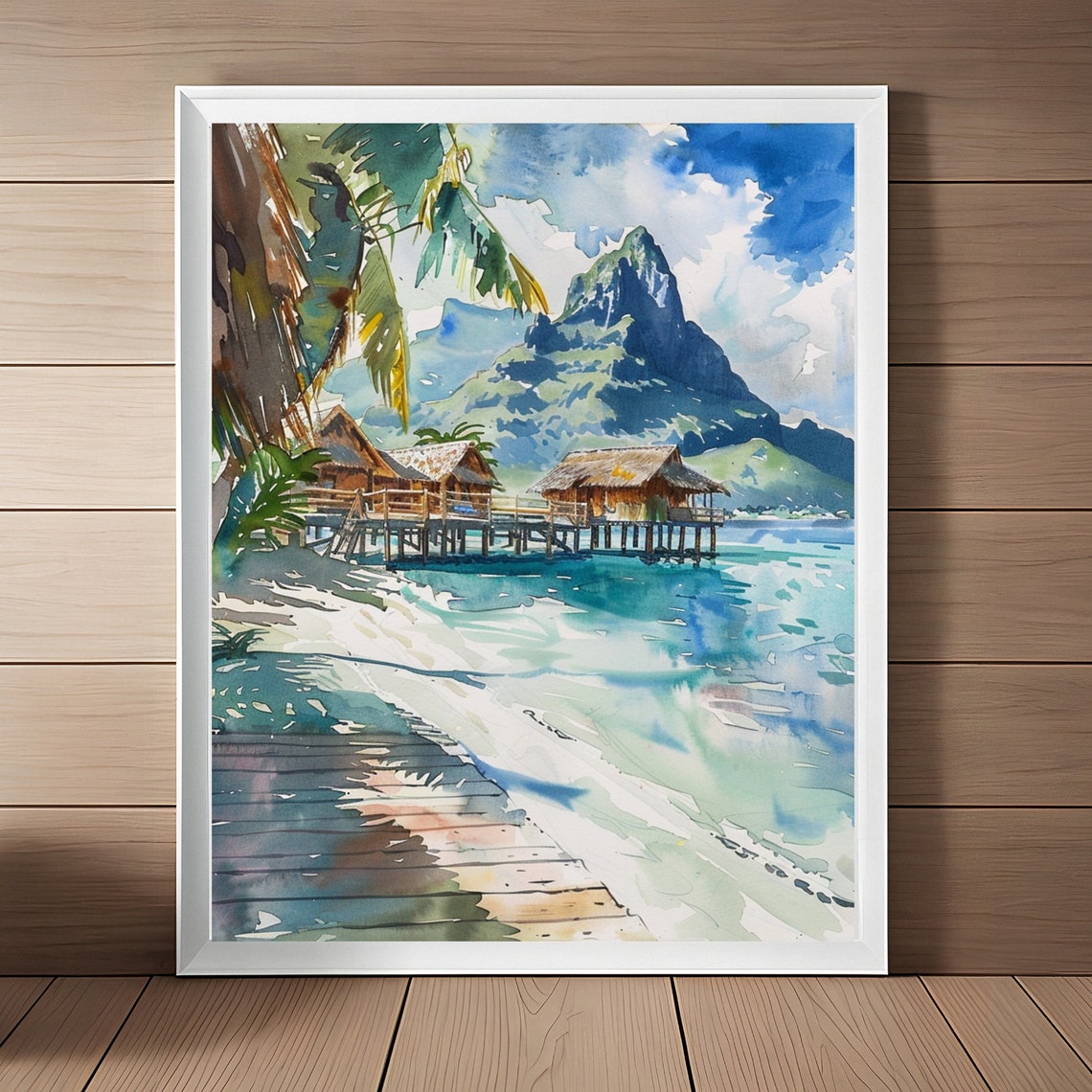 Bora Bora Watercolor Overwater Villas Volcanic Island Peak Poster