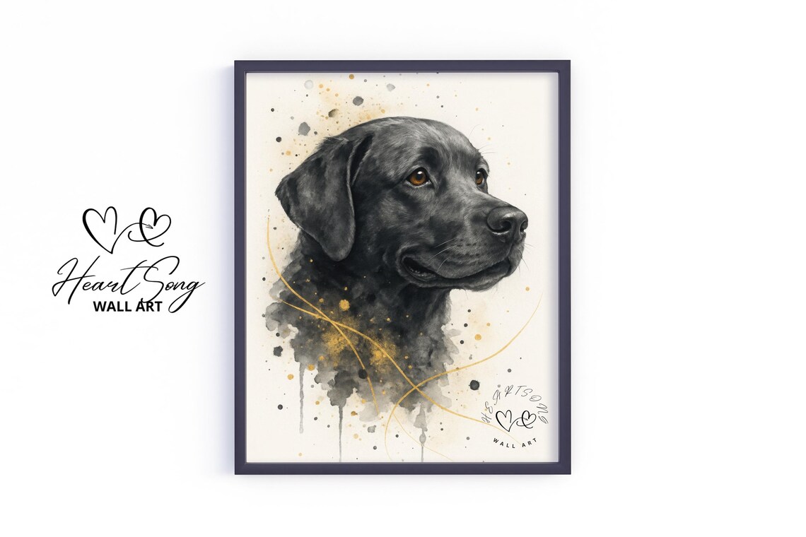 Black Labrador Retriever Splatter Painting Gold Accents Dog Poster
