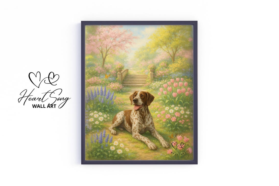 German Shorthaired Pointer In Spring Garden Tulips Dog Art Poster