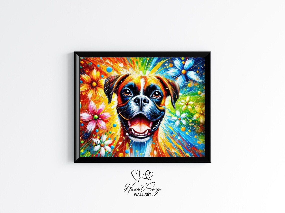 Happy Boxer Dog Pop Art Portrait with Colorful Flowers Poster