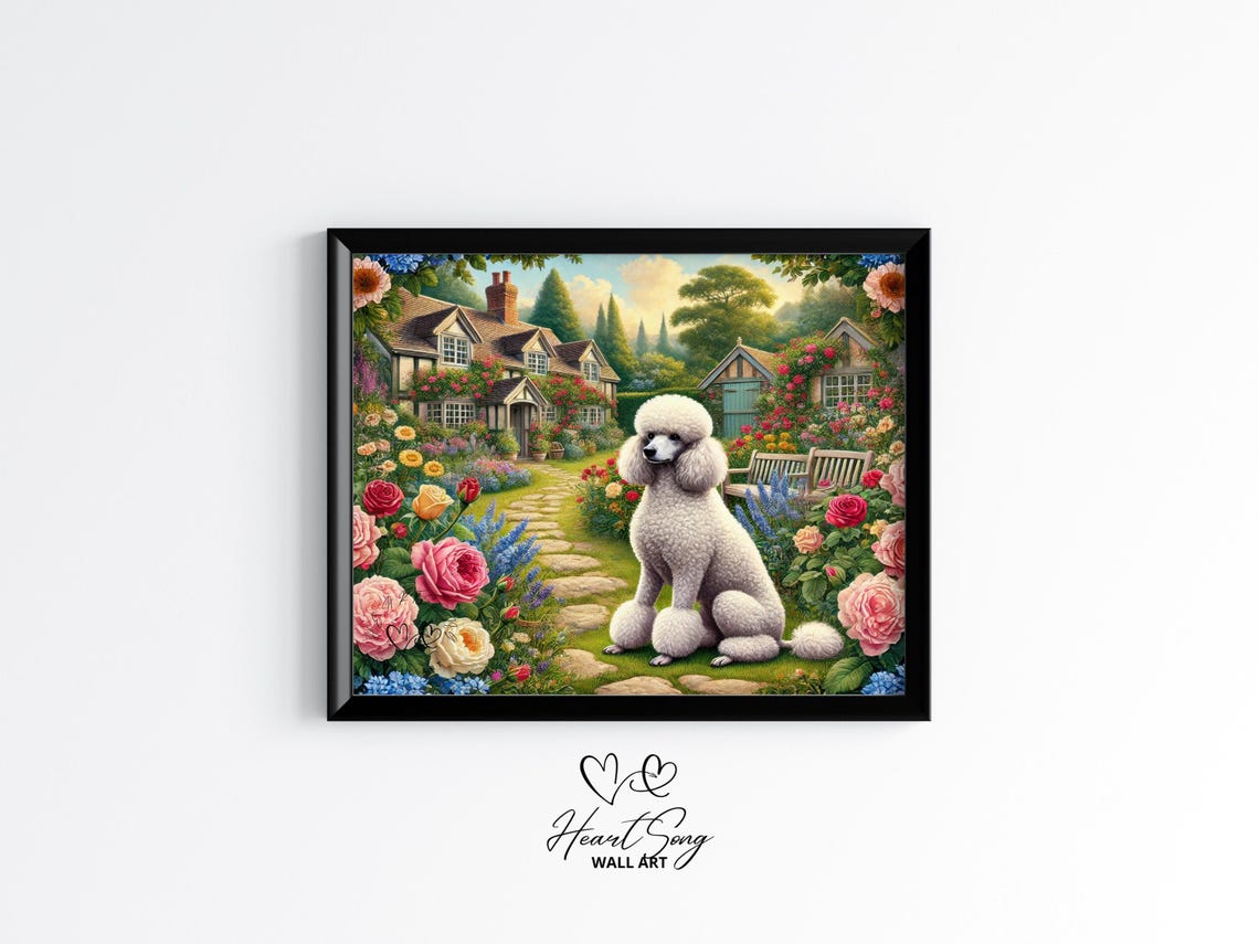 White Poodle Cottage Garden Floral Vintage Country Dog Poster