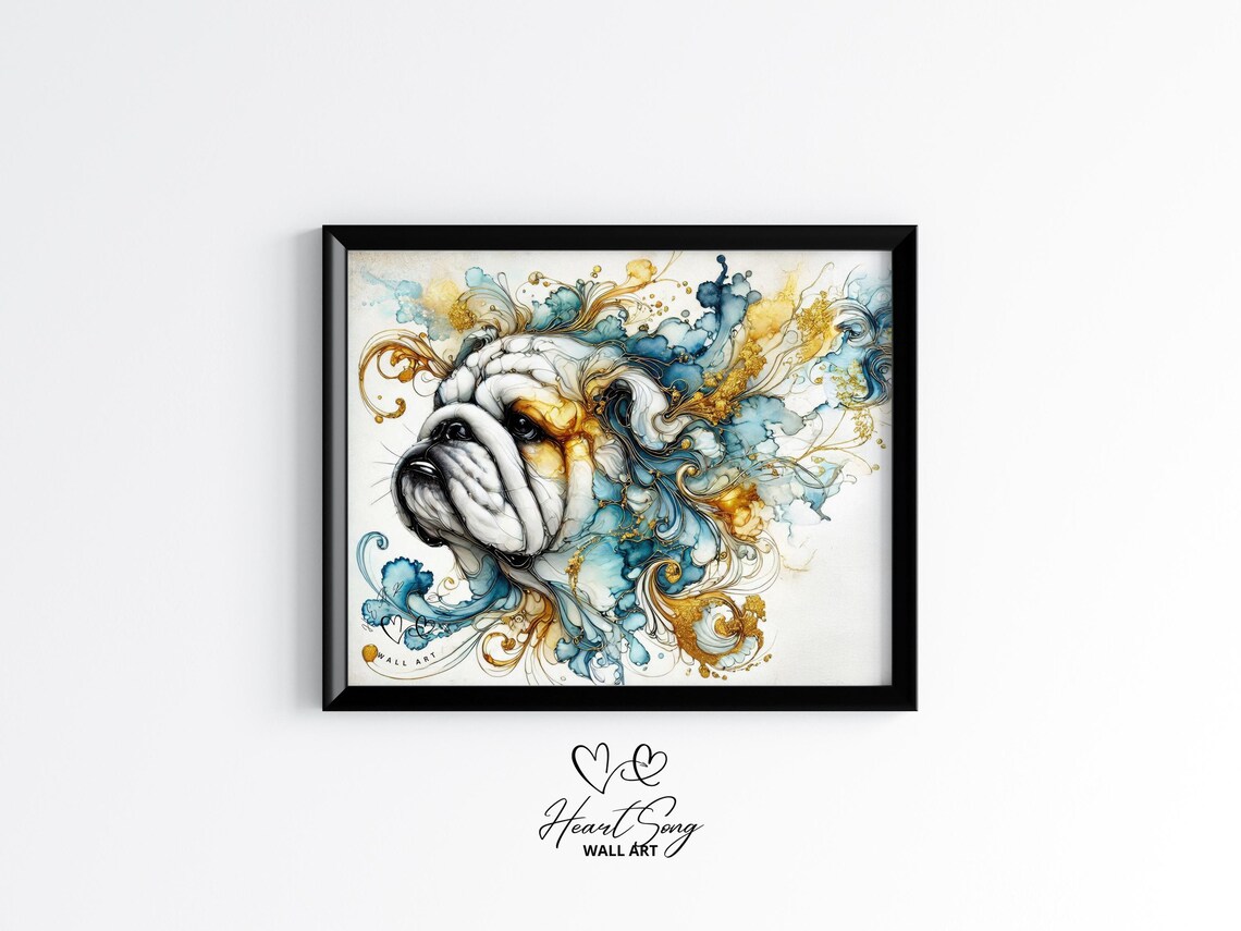 English Bulldog Portrait Blue Gold Watercolor Splash Dog Lover Poster