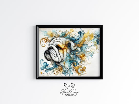 Bulldog Dog Wall Art Rustic Farmhouse Animal Print Moody Alcohol Ink Painting Country Home 144