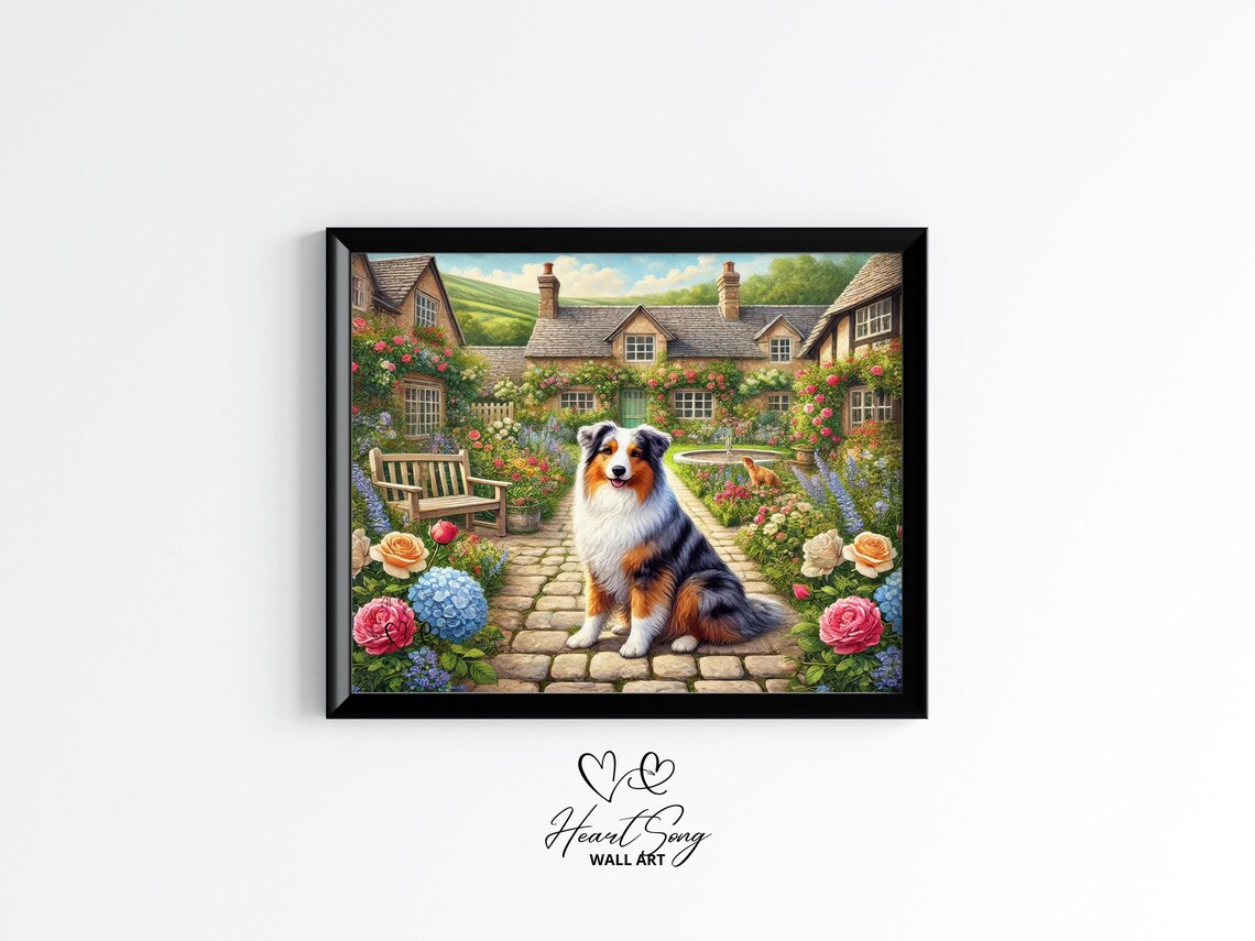 Australian Shepherd Cottage Garden Floral Merle Dog Wall Art