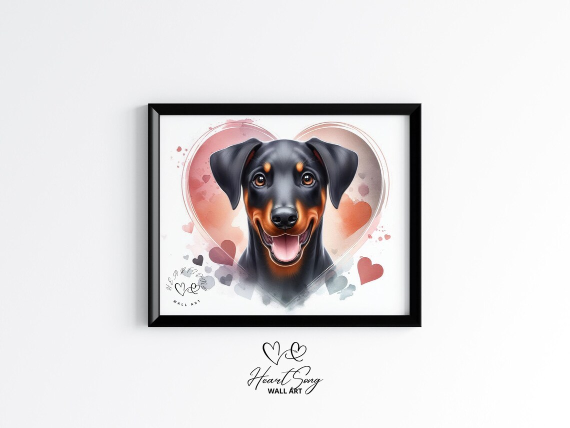 Doberman Puppy Watercolor Heart Painting Cute Dog Portrait Poster