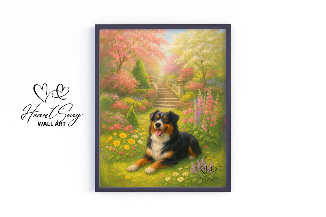 Tricolor Australian Shepherd Lying In Blooming Spring Garden Poster